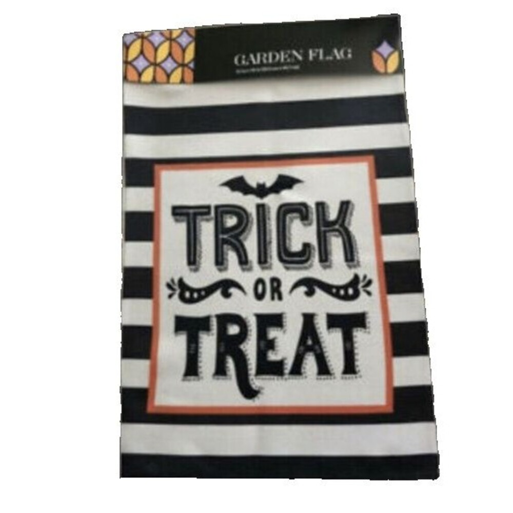 Trick Or Treat Halloween Garden Yard Flag Bat Bats Black White Stripe 12"x 18"